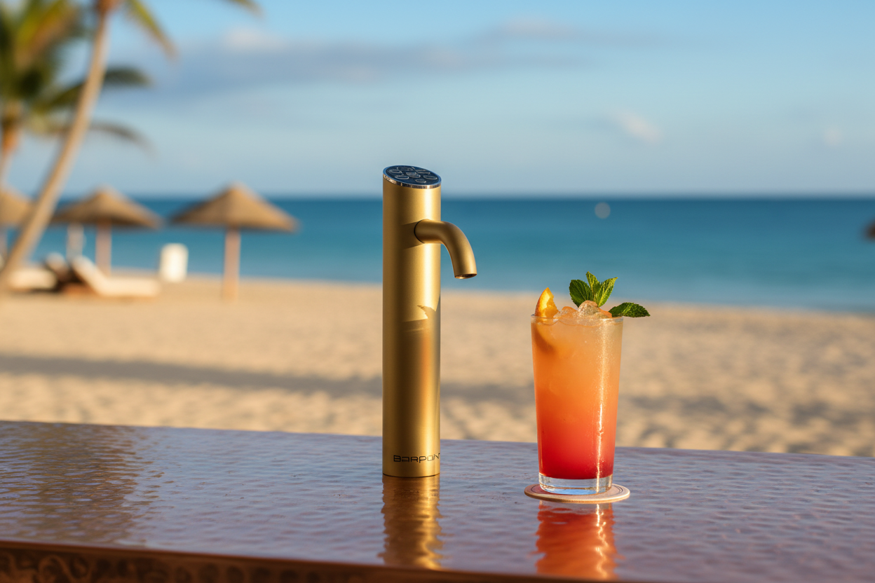 Barpoint BP1410 brushed brass tap in beach bar setting